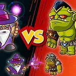 Tegneseriefigurer, der forestiller en troldmand og en goblin, står over for hinanden mod en baggrund opdelt i blå og rød med et VS i midten