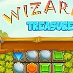 Farverigt skilt med teksten Wizards Treasure over en række farverige juveler og puslespilsbrikker