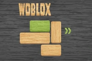 Træklodser arrangeret som et puslespil på en sort træbaggrund med teksten WOBLOX