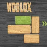 Træklodser arrangeret som et puslespil på en sort træbaggrund med teksten WOBLOX