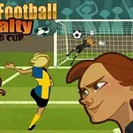 Tegneserieillustration af kvindelig fodboldspiller iført gul og blå trøje, der skyder et straffespark mod mål med to kvindelige ansigter i forgrunden