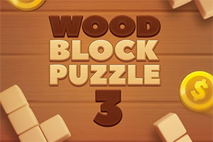 Træbaggrund med teksten Wood Block Puzzle 3 og mønter i hjørnerne