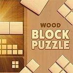 Træblokkontrol over et gitter med lyse træbrikker og teksten Wood Block Puzzle til højre