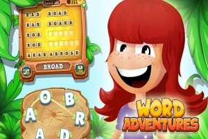 Tegneseriepige med rødt hår smiler ved siden af et ordpuslespil og bogstaver i et jungle-tema