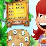 Tegneseriepige med rødt hår smiler ved siden af et ordpuslespil og bogstaver i et jungle-tema
