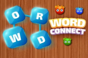 Blå bogstaver forbundet til ordet WORD, teksten WORD CONNECT og små farvede figurer på en træbaggrund