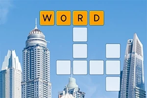 Bybillede med skyskrabere og et krydsord med ordet WORD øverst
