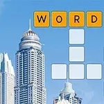 Bybillede med skyskrabere og et krydsord med ordet WORD øverst