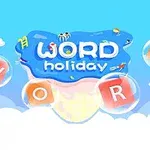 Skyer og bobler med bogstaver flyder rundt om en isformet ø med teksten WORD holiday i et tegneserieagtigt design