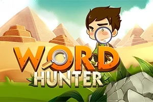 Illustration af en tegneseriedreng med lup foran pyramider og vegetation, med ordene WORD HUNTER i forgrunden