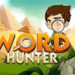 Illustration af en tegneseriedreng med lup foran pyramider og vegetation, med ordene WORD HUNTER i forgrunden