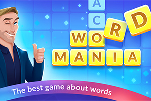 Mand der giver thumbs up ved siden af gule bogstaver, der danner ordene WORD MANIA på en blå baggrund