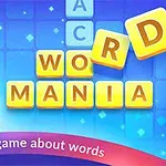 Mand der giver thumbs up ved siden af gule bogstaver, der danner ordene WORD MANIA på en blå baggrund