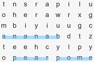 Et ordpuslespil med ordene banana, pear, og pome markeret med blå i et gitter fyldt med bogstaver