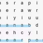 Et ordpuslespil med ordene banana, pear, og pome markeret med blå i et gitter fyldt med bogstaver