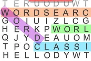 Ord puslespil med farvemarkerede ord som WORDSEARCH, CLASSIC og WORLD