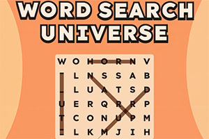 Orange plakat med teksten WORD SEARCH UNIVERSE over et ordgitter med bogstaver og krydsende sorte linjer