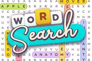 Ordgåde med farvede fremhævede ord og teksten Word Search i midten