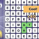 Bogstavbrikker med teksten WORD SWIPE til venstre og et bogstavgitter med ord fundet til højre, samt teksten Cool!