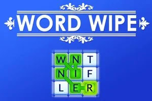 Blåt design med teksten WORD WIPE øverst og et gitter af bogstaver, hvor nogle er forbundet med grøn streg