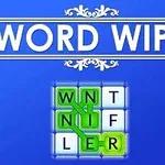 Blåt design med teksten WORD WIPE øverst og et gitter af bogstaver, hvor nogle er forbundet med grøn streg