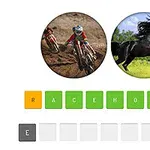 To cirkulære billeder viser en motocrosskører i action og en løbende sort hest, over et panel med bogstaver og tekstfelter