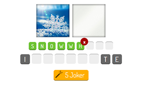 To billeder: et af en snefnug og et tomt felt, med bogstaverne SNOWW_ _ITE og mulighederne I og T i felterne nedenunder