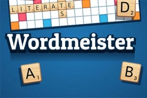 Brætspil med træfliser på en blå baggrund og ordet Wordmeister