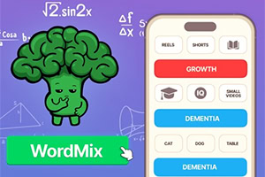 Tegneseriehjerne med matematiske formler ved siden af en mobilskærm med farverige quizkategorier og WordMix-logo