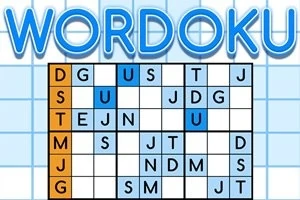 Et Wordoku-puslespil med bogstaver i en gitterstruktur med nogle felter markeret i blå