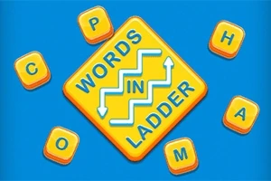 Gult og blåt skilt med teksten WORDS IN LADDER omgivet af seks orange bogstavbrikker