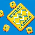 Gult og blåt skilt med teksten WORDS IN LADDER omgivet af seks orange bogstavbrikker
