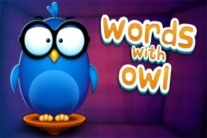 En tegneserieugle med store runde briller står på en platform ved siden af teksten words with owl på en lilla baggrund