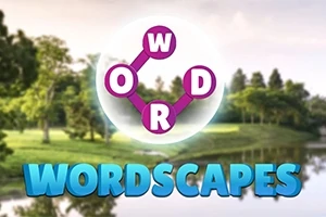 En naturbaggrund med træer og en sø, og ordet WORDSCAPES i store blå bogstaver med et grafisk element af bogstaverne W, O, R, D forbundet