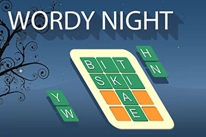 Billede af et ordpuslespil med grønne og orange felter på en blå baggrund og teksten WORDY NIGHT øverst