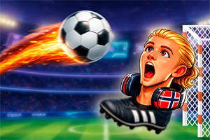 Flammende fodbold flyver mod et mål ved en overrasket blond kvinde på et oplyst stadion