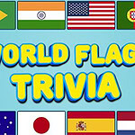World Flags Trivia Verdensflag med teksten World Flags Trivia i midten på en blå baggrund