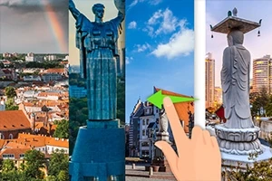 En collage med fire forskellige steder, herunder en byoversigt med en regnbue, en stor statue, en hånd der peger, og endnu en statue med bygninger i baggrunden
