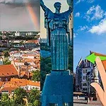 En collage med fire forskellige steder, herunder en byoversigt med en regnbue, en stor statue, en hånd der peger, og endnu en statue med bygninger i baggrunden