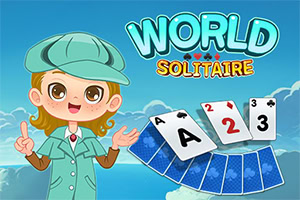 Tegneseriefigur i detektivkostume ved siden af spillekort med teksten World Solitaire på en blå baggrund