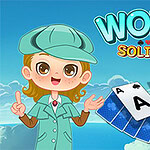 Tegneseriefigur i detektivkostume ved siden af spillekort med teksten World Solitaire på en blå baggrund