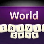 Lilla baggrund med teksten World Trivia 2018 i hvide bogstaver og to gule stjerner på hver side
