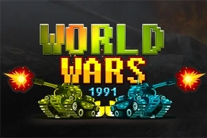 To kampvogne i grøn og blå skyder mod hinanden under teksten World Wars 1991 i pixelgrafikstil