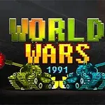 To kampvogne i grøn og blå skyder mod hinanden under teksten World Wars 1991 i pixelgrafikstil