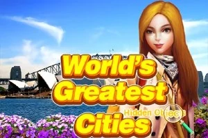 En animeret karakter står foran en scene med Sydney Opera House, blomster i forgrunden, og teksten Worlds Greatest Cities