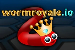 Rød orm med krone og store øjne på mørk baggrund, teksten wormroyale