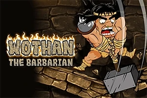 En tegneseriebarbar svinger en stor hammer mod en stenvæg, ved siden af teksten WOTHAN THE BARBARIAN i flammende bogstaver