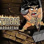 En tegneseriebarbar svinger en stor hammer mod en stenvæg, ved siden af teksten WOTHAN THE BARBARIAN i flammende bogstaver