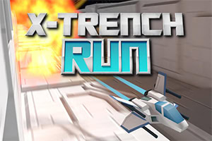 Et rumskib flyver gennem en smal skyttegrav med en eksplosion bagved og teksten X-Trench Run i forgrunden
