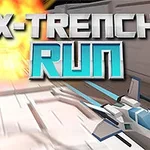 Et rumskib flyver gennem en smal skyttegrav med en eksplosion bagved og teksten X-Trench Run i forgrunden